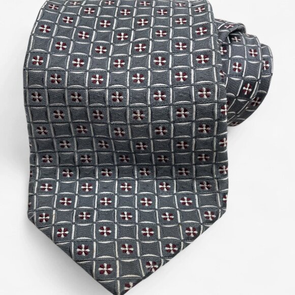 Jones New York Silk Tie Geometric Gray Silver Red Formal Business Dress - Picture 1 of 6